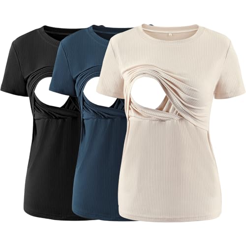 Love2Mi 3er Pack Damen Stillshirts kurzen Umstandstop T-Shirt Überlagertes Design zum Stillen T-Shirts fur Schwangere