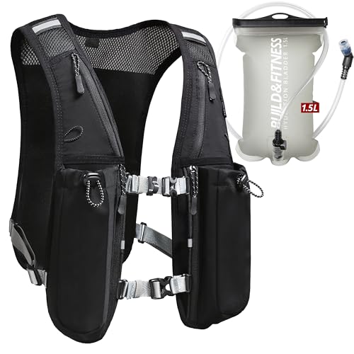 Lauf-Trinkweste für Damen und Herren. Reflektierend, 8 Taschen, schnell trocknend, 1.5L, Verstellbarer Rucksack für Läufe, Radfahren, Trails, Marathons (Black Vest with 1.5L Hydration Bladder)