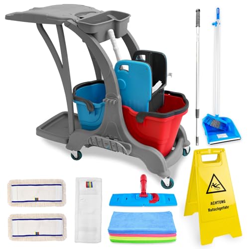 Hypafol Putzwagen Reinigungswagen Set | 2 x 25 l Eimer mit Wischmopp-Presse & Kehrgarnitur | 2X 50cm Baumwoll Wischmopp, 1x Mikrofaser-Mopp, 12 Mikrofasertücher | Warnschild „Achtung Rutschgefahr