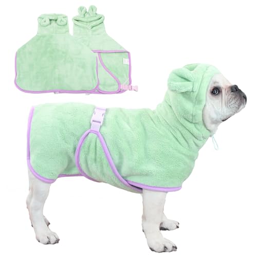 Fnaobai Haustier-Bademantel für Hund und Katze, saugfähig, schnell trocknend, niedliches Hunde-Badetuch, Kapuzenmantel, verstellbarer Kragen und Bauchgurt für Pool, Strand, Grün, Größe S