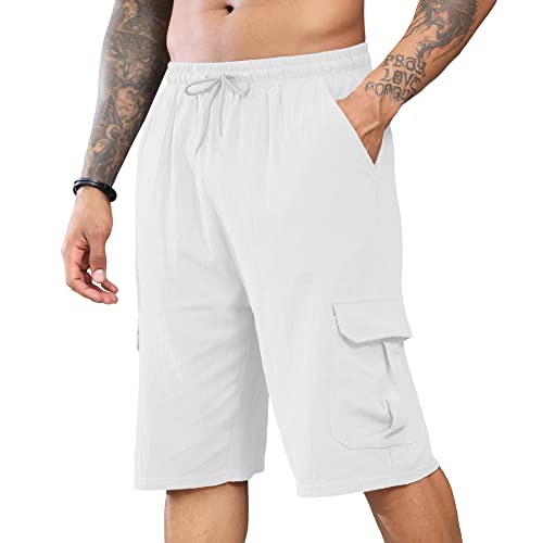 Herren Leinen-Shorts, legere Cargo-Shorts, elastische Taille, Kordelzug, Sommer, Strand, Shorts, M-3XL, weiß, XL