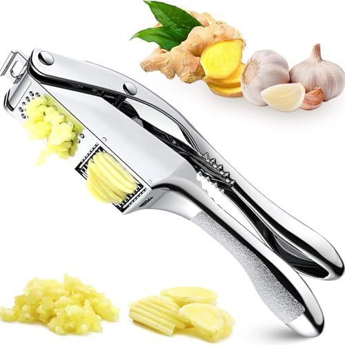 Zjyufy Knoblauch Presse Knoblauch Brecher 2- In- 1- Knoblauch Presse Knoblauch Presse Edelstahl mit Zwei Scheiben Ingwer- Slicer Knoblauch- Mincer Knoblauch Schneider