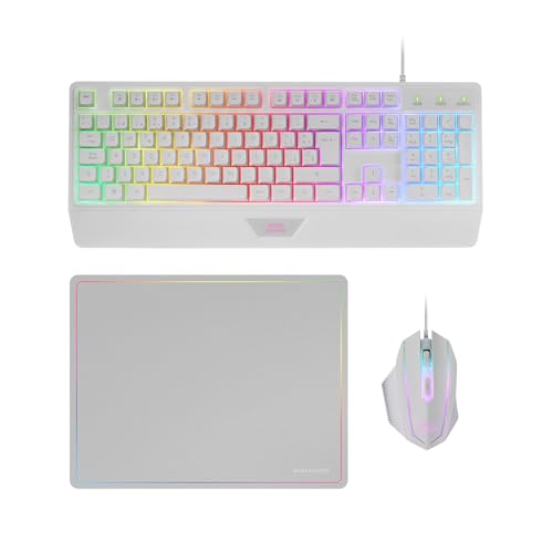 Mars Gaming MCP124, 3in1 Gaming Combo, Ergonomische H-Mech LED RGB Tastatur, RGB Maus 3200DPI HUANO Switches, Nanotextil-Mauspad 360x260mm, Multiplattform-Kompatibilität, Französisch Layout, Weiß