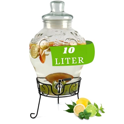 Monster24 10 Liter Getränkespender mit tropfsicherem Zapfhahn aus Edelstahl – Wasserspender, Bowle-Gefäß aus Glas mit stabilem Metallständer und Glasdeckel – BPA-freier Limonadenspender