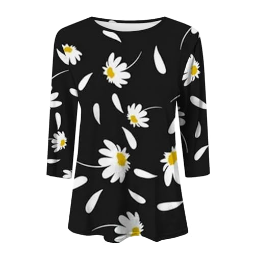 HOOUDO Angebote des Tages Heute Blusen für Damen, elegant, lässig, elegant, Rundhalsausschnitt, 3/4-Ärmel, Sommerhemden mit Blumendruck, entspannte Passform Festliches Rotes Ob Mein Bestellung Sale