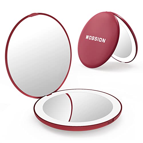 wobsion LED Spiegel mit 1X / 10X Vergrößerung,Kleiner Reisespiegel mit Licht für Beleuchtung,Batteriebetrieben Taschenspiegel für Reise und Makeup,Tragbarer Handspiegel als Geschenk,Rot