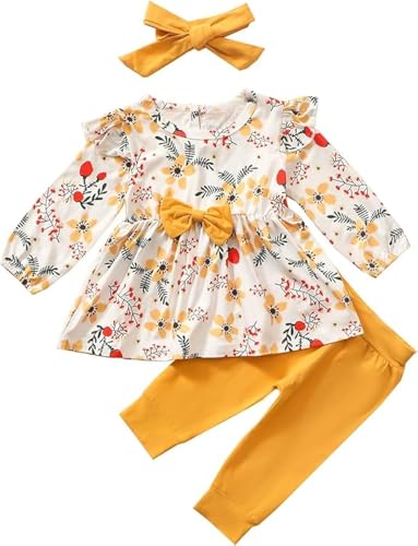 Juflam Baby Mädchen Kleidung Bow Floral Rüsche Langarm Top+ Hosen+Stirnband 3Pcs Bekleidungssets (3-6Monate)