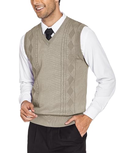 COOFANDY Herren Ärmellose Pullover V-Ausschnitt Sweater Weste Strickweste Winter Tank Top Jumper Weste Pullover Rippstrick Weste, khaki, XXL