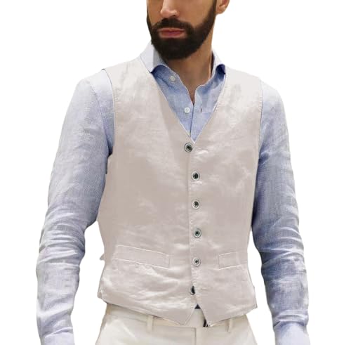 AeoTeokey Herren Leinenweste Sommer Anzug Weste Vintage Retro Business Party Weste Regular Fit(Beige,XL)