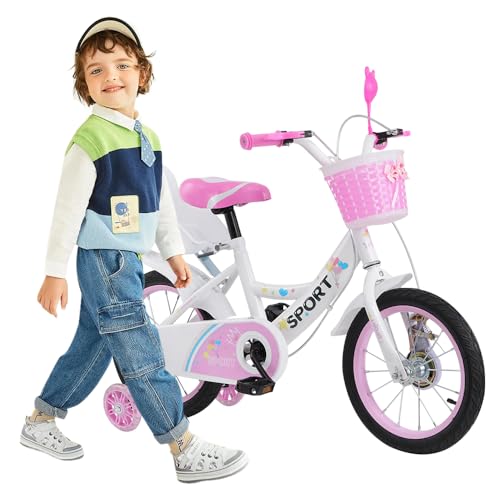 Fahrrad für Mädchen von 5 bis 8 Jahren, Fahrrad für Mädchen und Jungen, 40,6 cm (16 Zoll), Stahl mit hohem Kohlenstoffgehalt, gebogene Stange mit Hilfsrädern, Rücksitz Spielzeug – Rosa
