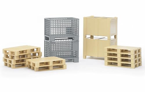 bruder 02415 - Logistik Zubehör, 2 Gitterboxen, 2 Kisten, 10 Paletten - 1:16 Spielzeug, Versand, Logistik, Lastwagen, LKW, Transporter