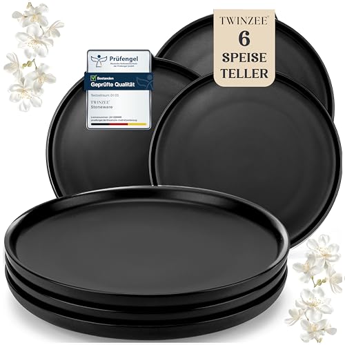 Twinzee Steinzeug Geschirrset Schwarz - Set von 6 Große Teller - Mikrowellen- und Spülmaschinenfest - Geschirr und Tischkunst Elegant