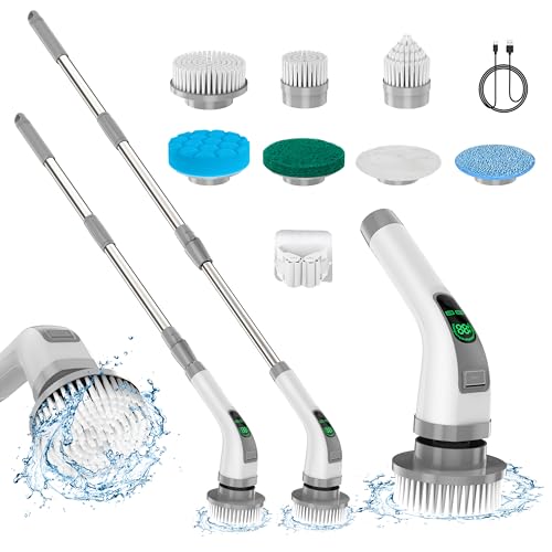 Elektrischer Spin Scrubber, 2025 Upgrade 7-in-1 elektrische Reinigungsbürste, 360 U/min leistungsstarke Reinigung, 1,5-Stunden-Badschrubber mit Zwei Geschwindigkeiten und Verlängerungsarm für Küche