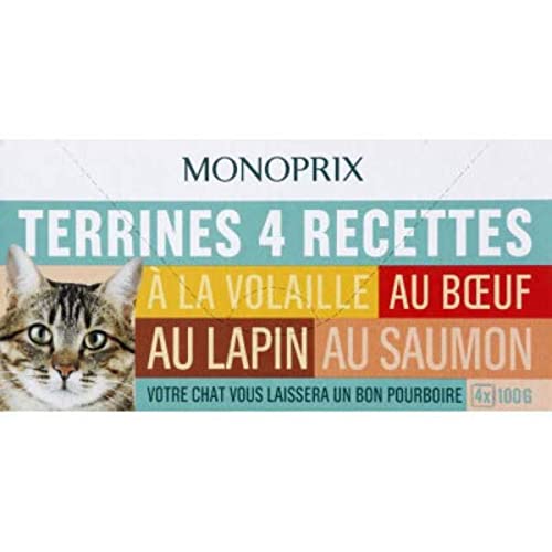 MONOPRIX Terrinen mit 4 Rezepten für Geflügel, Rind, Kaninchen, Lachs für Katzen – Die 4 Packungen à 100 g