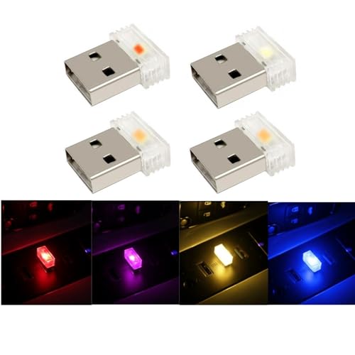 JZK Mini-USB-LED-Licht, kabellos, kleines USB-Nachtlicht, USB-LED-Auto-Innenbeleuchtung, 4 Stück, Pruple Blau Rot Gelb