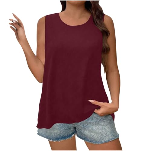 Keepink Damen-Top, Übergröße, Sommer-Shirt, einfarbig, breite Riemen, ärmellos, lockere Passform, Rundhalsausschnitt, lässiges Oberteil, elegant, elegant, Tunika, Bluse, bequem, weich, Urlaub,