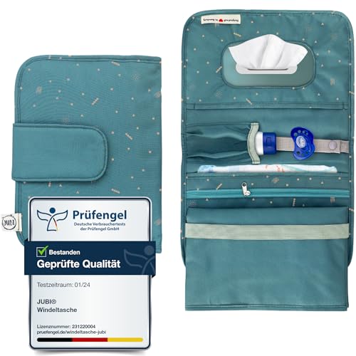 Jubi® Baby Windeltasche mit Wickelunterlage für unterwegs mit extra viel Platz - Kleine Wickeltasche (Grün-Blau mit Klettverschluss)