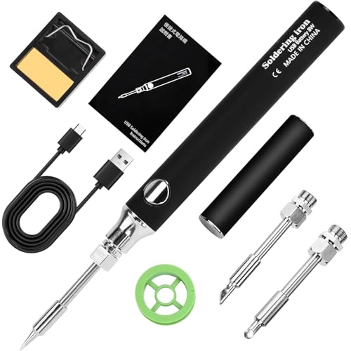Tronisky Lötkolben Set, USB Akku Lötkolben mit 3 Temperatur Einstellbar 330℃-450℃, Professionelles Sicheres Lötkolbenset für Elektrische Arbeiten mit 3 Lötspitzen, Lötkolbenständer, Lötdraht-Schwarz