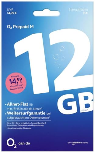 o2 Prepaid M 12GB - Ohne Vertragsbindung - 15€ Startguthaben