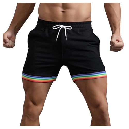 Sommer Shorts Herren Regenbogenfarben, mit Tasche Kordelzug, lockere Freizeithose für Sport, Laufen, gerade Shorts, Strandhose Durchsichtig(Schwarz,XL)