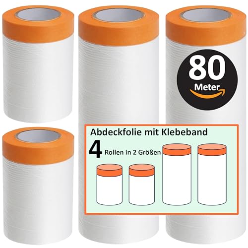 ZWERKZEUG Insgesamt 80 meter Abdeckfolie mit Klebeband Abdeckfolie mit Klebeband Maler Abdeckfolie - Goldband Tape-Abdeckfolien Malerfolien (4 Rollen)
