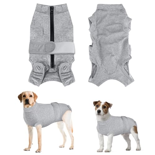 Eyein Hundebody Nach Op, Wundschutzanzüge für hündin Rüde mit Reißverschluss und Klettverschluss Gürtel - Anti-Lecken und Wundschutz, Atmungsaktiv Einteiler für Hunde Nach Op (Grau, M)