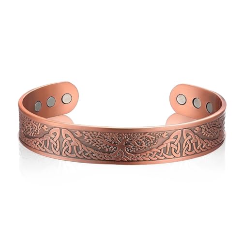 PRAOFRT 1 Stück Magnetarmband damen Kupferarmband damen Kupfer Magnetarmbänder Gauss Kupfer Armband mit 6Magneten Massiver Kupfer Armreif Verstellbare Manschettenarmbänder für Herren Damen（A）
