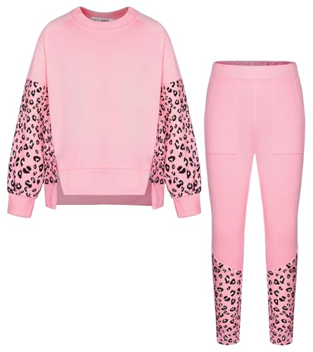 GRACE KARIN Baby Mädchen Tracksuit Outfit Langarm Tops DT/hosen Sweatsuit 2Pcs Set Hosen mit Taschen Hellrosa Leopard 10-12 Jahre