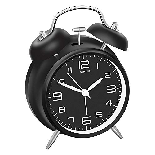 Eachui Doppelglockenwecker mit Nachtlicht, Lauter Alarm, Wecker Analog mit großes Zifferblatt von 4 Zoll, kein Ticken, geräuschlos, Wecker Batteriebetrieben, Retro Design (Schwarz)