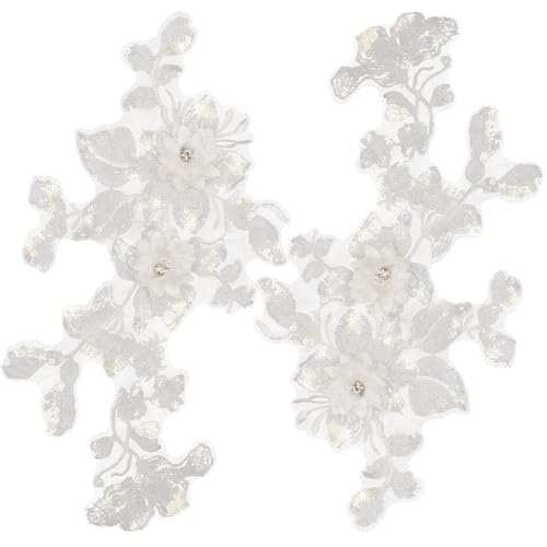 GORGECRAFT 2Stk 3D-Blumen Bestickte Spitzenapplikation Zum Aufnähen Glitzer-Pailletten Perlen Blumenkragen Stoff Bastel-Dekoration Aufnäher Zum Nähen Hochzeitskleidung Kleiderhosen Jeans Taschen Weiß