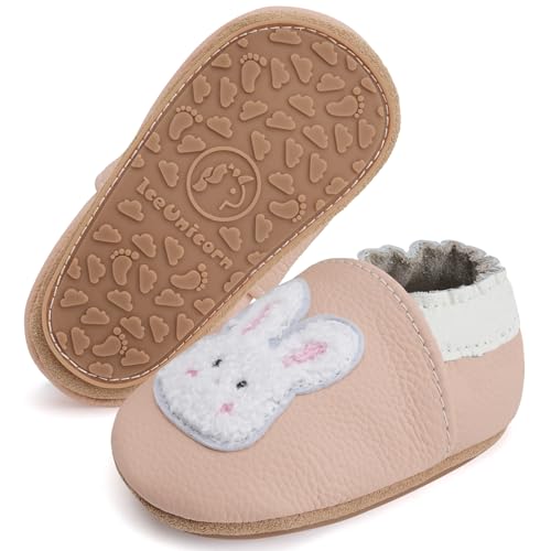 IceUnicorn Krabbelschuhe Baby Lauflernschuhe Weicher Leder Jungen Mädchen Lederschuhe Babys Rutschfeste Krabbelschuhe mit Gummisohle Babyschuhe(Kaninchen Hellrosa, 12-18 Monate)