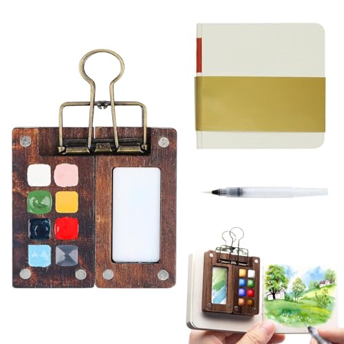 JDCMEI Skizzenbuch Palette Set, Tragbares Mini-Aquarell-Paletten Set, 8 Grids Mini Holz Reise Malpalette Malkasten, Mini Aquarell-Reise-Set mit Pinselclip, Skizzenbuch für Maler, Künstler, Studenten