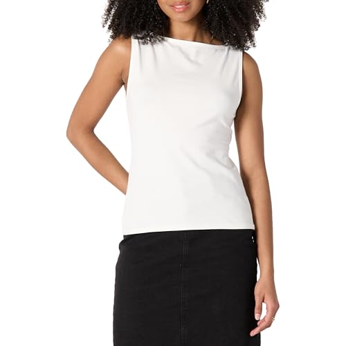 Amazon Essentials Damen Layering Tank-Oberteil Mit Bateau-Ausschnitt Aus Rippstrick, Schmale Passform, Weiß, L