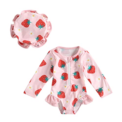 Badeanzug für Neugeborene, Baby, Mädchen, Einteiler, Bodysuit, Langarm, UV-Schutz, Badeanzug, Schwimmen und Sonnenhut, Erdbeerrosa, 12-18 Monate