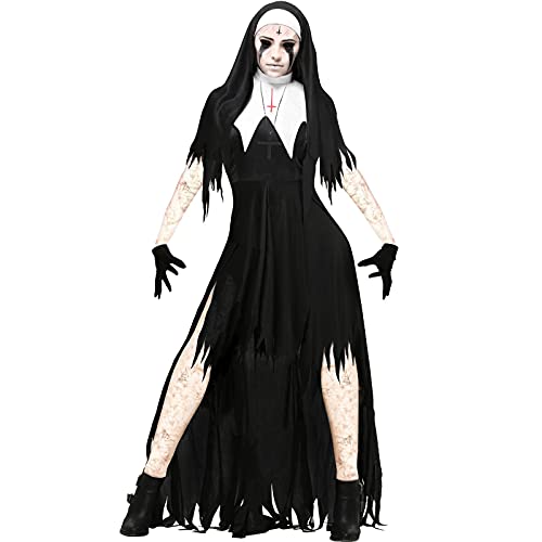 Halloween Kostüm Kinder Gruselig Zombie Damen - Bloody Gothic Kleidung Sexy Nonne Kleid Kostüme Gruselige Cosplay Kleid Nonne Zombie Vampir Verkleidung 4-Teiliges Mit Haube Fasching Karneval Robe