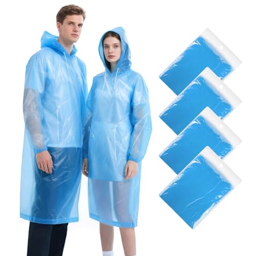 TIECHI 4PCS Regenponcho Einweg, Wasserdicht Regenmantel für Damen und Herren, Durchsichtige Regencape mit Kapuze und Ärmeln für Festivals, Angeln, Themenparks, Camping