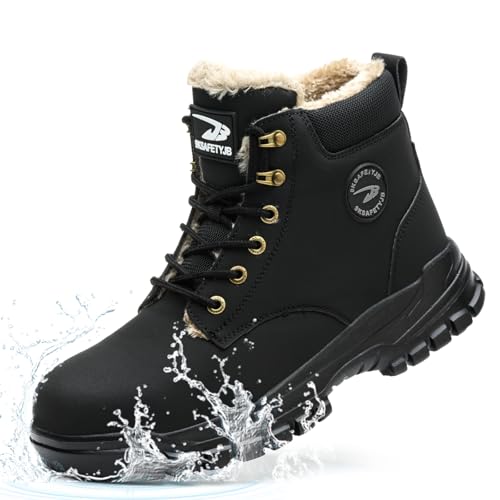 NACKINg Sicherheitsschuhe Herren Damen Arbeitsschuhe Wasserdicht Sicherheitsstiefel Winter Warm Gefüttert Schutzschuhe mit Stahlkappe, Schwarz, EU 39