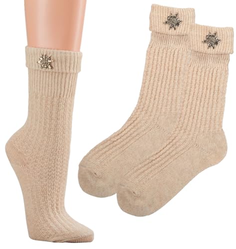 krautwear Herren Damen Kinder Trachtensocken Im Landhaus-Stil Mit Edelweiß-Pin Mit Leinen Beige (39-42)