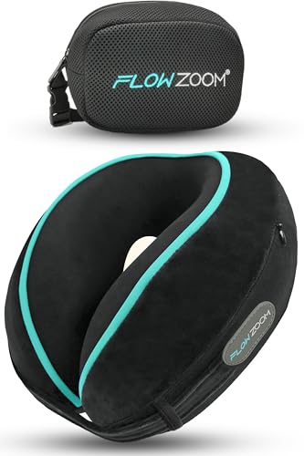 FLOWZOOM Dream Nackenkissen mit extra seitlicher Stütze - Reisekissen Flugzeug aus Memoryfoam - Nackenhörnchen mit Variable einstellbarem Klettverschluss, Seitentasche & Reisebeutel - Schwarz