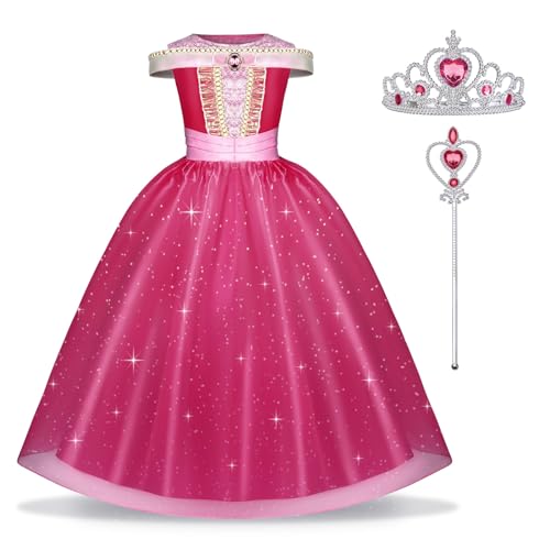 URAQT Aurora Mädchen Prinzessin Kleid, 3teiliges Dornröschen Kinder Mädchen Kostüm Set mit Kronen, Zauberstabzubehör，Rose Rot Spitze Prinzessin Kleid für Karneval, Weihnachten, Mottoparty Cosplay 120