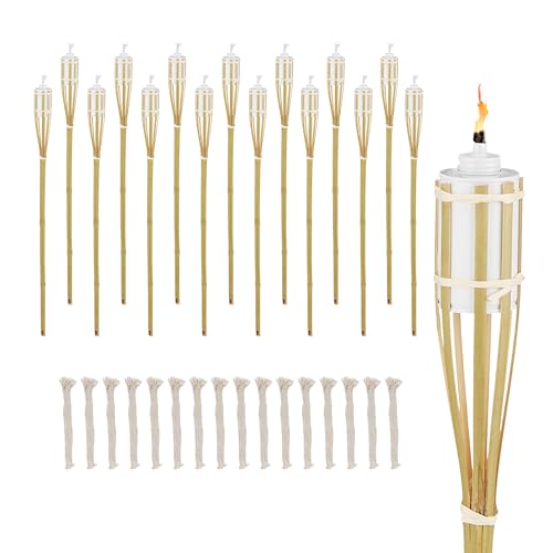 Relaxdays Gartenfackel, 16er Set, Bambus, H: 90 cm, Ölfackeln für draußen, mit Ersatzdochten, Gartenparty Deko, Natur