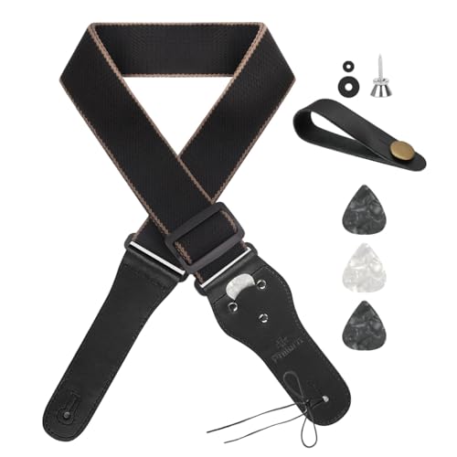 Philorn Gitarrengurt Verstellbarer Echtleder Enden Jacquard Weave Bassgurt für Akustik/Elektrik/Gitarren, Geschenk für Erwachsene & Kinder (Schwarz)