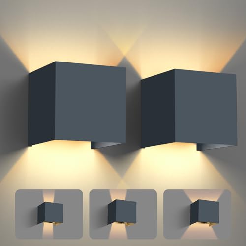 vatato 2 Stück LED Wandleuchte 12W, Innen/Aussen Aluminium Wandlampe Einstellbarer Lichtstrahl, 3000K Warmweiß Außenwandleuchte IP54 für Wohnzimmer Schlafzimmer Garten (Anthrazit Ral 7016)