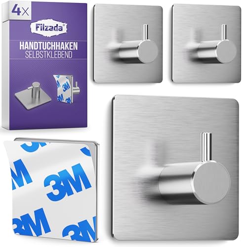 Filzada® 4x Handtuchhaken Ohne Bohren - Edelstahl [3M Kleber Wasserfest] - Haken Ohne Bohren - Badaccessoires - Klebehaken Badezimmer/Handtuchhaken Selbstklebend/Handtuchhalter Ohne Bohren
