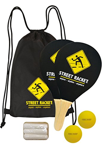 Street Racket Holzschläger, 2 Softbälle, Straßenmalkreide zur Spielfeldmarkierung, im Polyester-Carrybag, Schlägerspiel, Set, 970115