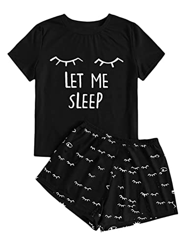 Haloumoning Mädchen Sommer Niedliche Shorts Set Bequem Kurzarm Cartoon bedrucktes Pyjama Set T-Shirt und Kurze Hose Set, Schwarz, 8-10 Jahre