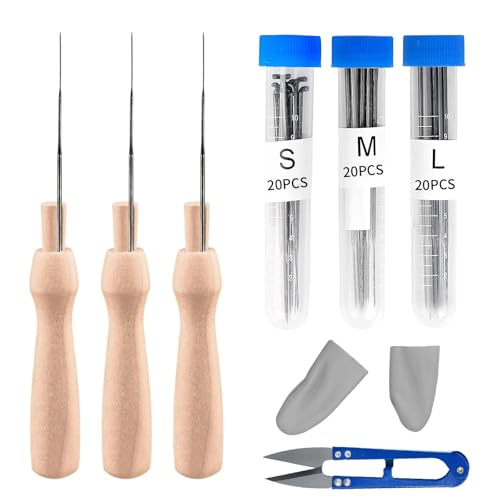Filznadeln zum Trockenfilzen - 60PCS 3 Größen Filznadeln mit 3PCS Filz Holzgriff Werkzeug und 2 Fingerschutz，einer Schere,Filznadel für Anfänger, Filznadeln zum Trockenfilzen Set Filznadel Werkzeug