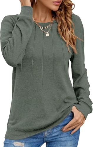 Damen Pullover Lässig Langarmshirt Elegant Herbst Winter Rundhals Sweatshirt Langarm Shirts Loose Plissee Oberteile Grün S