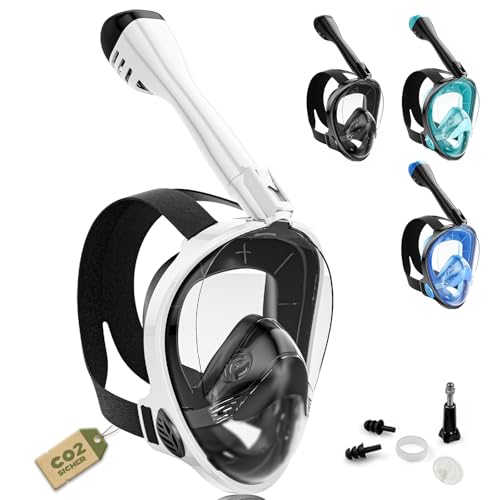 Schnorchelmaske Erwachsene Vollgesichtsmaske – CO₂ sicher Wasserdicht & Beschlagfrei Tauchmaske mit Kamera Halterung – Tauchermaske mit Tragetasche & Ohrstöpsel (weiß, S-M)