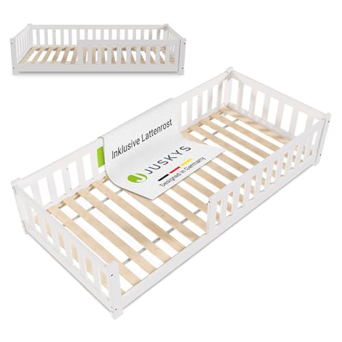 Juskys Kinderbett Naya - 90x200 cm Bett mit Rausfallschutz & Lattenrost - Holz Bodenbett für Kinder 3-10 Jahre - modernes Bettgestell Weiß